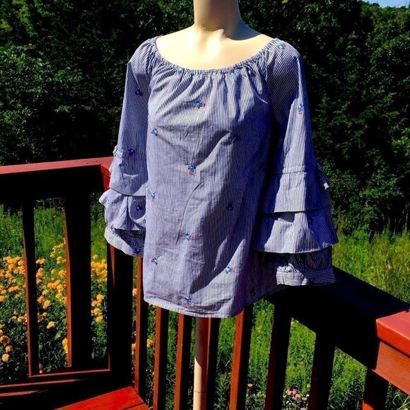 Sanctuary Blouse 3/4 bell sleeve ruffle stripes top embroidery black white Large - Picture 3 of 10